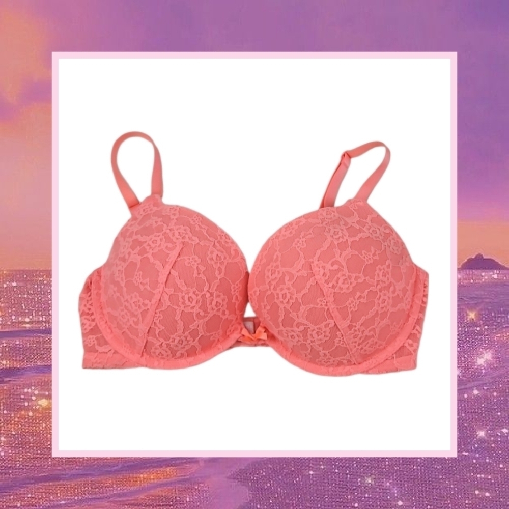 Victoria's Secret Push Up Bra 34D Pink Orange Lace